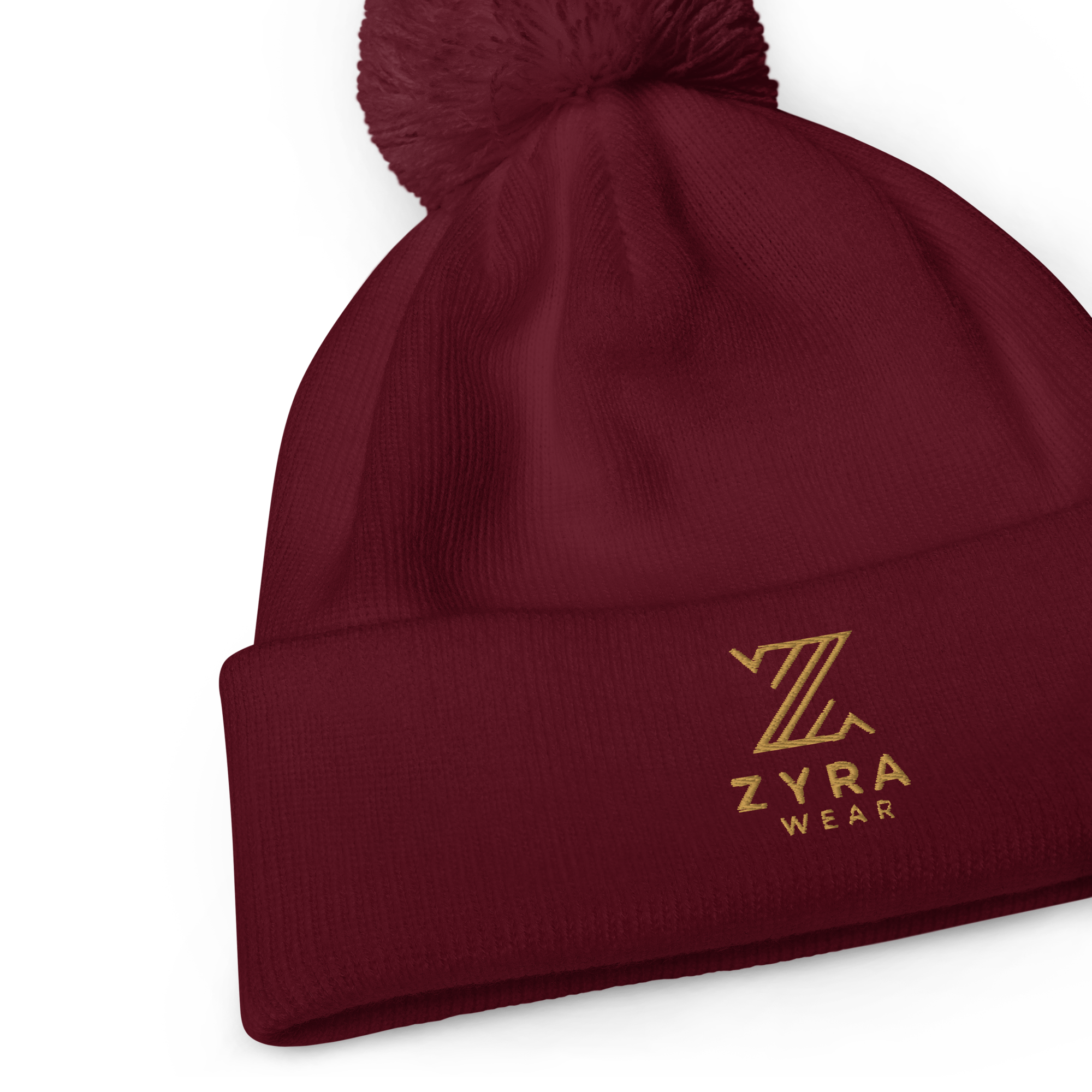 ZyraWear Cozy Pom Pom Beanie — Burgundy Gold Edition